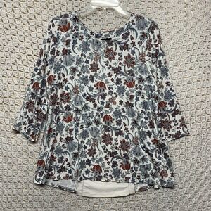 J Jill Wearever Top Shirt Women M Creamlotus Floral 3/4 Sleeve Tunic Split Back